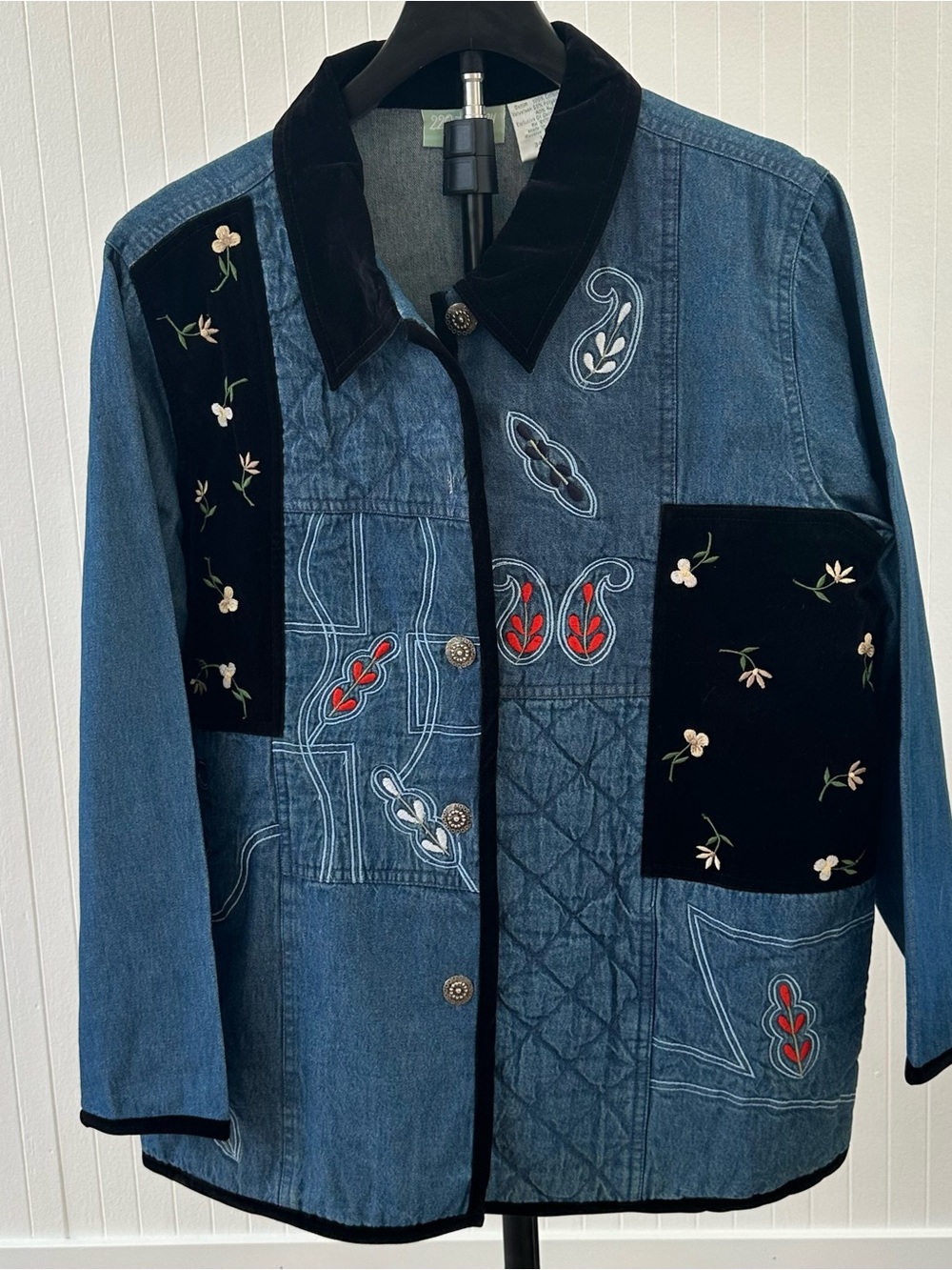 Denim Embroidered Patchwork Jacket - Blue